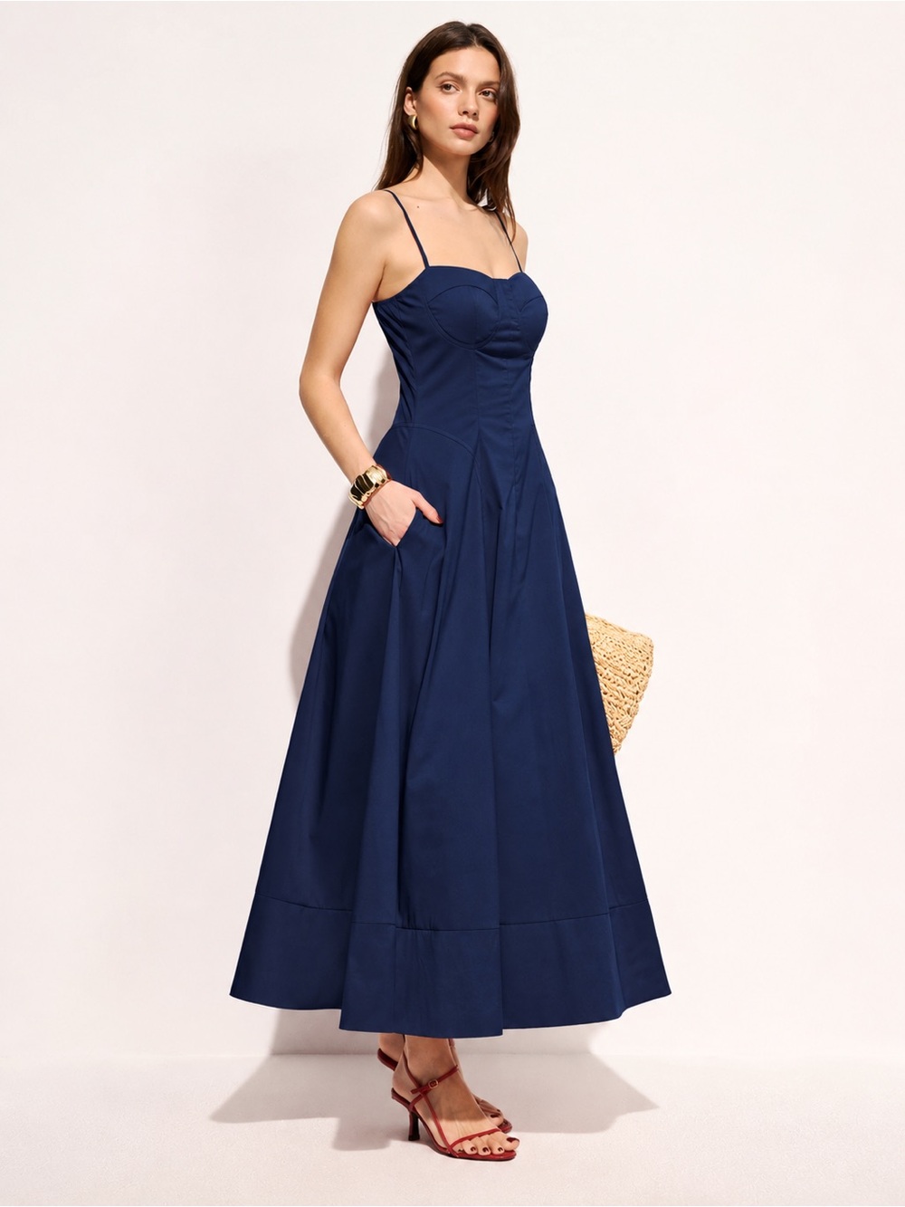 Commense Cotton Blend Pocketed Cami Flared Maxi Dress